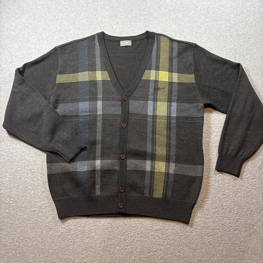 VTG CROCODILE Brand Men's Cardigan Sz 105 (L) Dark Gray Plaid Coloring Golf